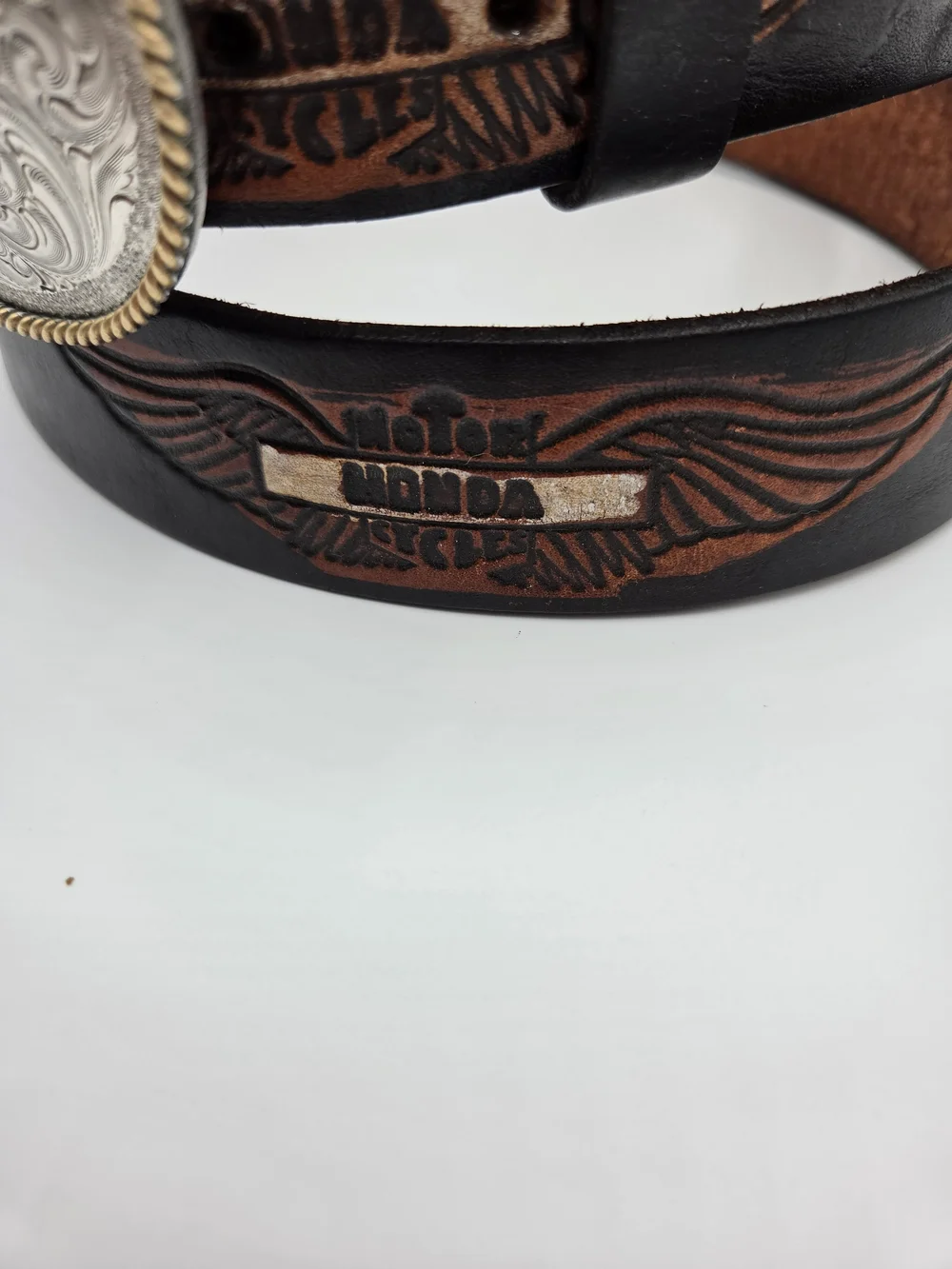 Honda Motor Leather Belt with Western Eagle Gold-Tone Buckle